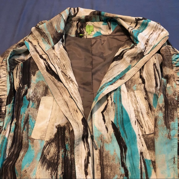 Adam Jacobs Silky Windbreaker Jacket Full Front Zipper 2 Slip Pockets Blue/Brown - Picture 3 of 10